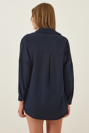 Женская темно-синяя длинная базовая рубашка оверсайз 3900 DD00842