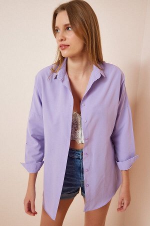 Женская сиреневая длинная базовая рубашка оверсайз DD00842