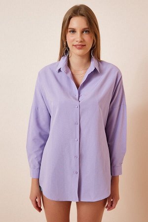 Женская сиреневая длинная базовая рубашка оверсайз DD00842
