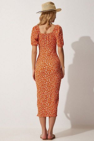 Женское оранжевое летнее вязаное платье с воротником и разрезом Carmen FF00113