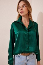 Женская изумрудно-зеленая рубашка с легкой драпировкой и атласной отделкой DD00990