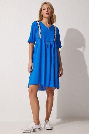 Женское синее летнее платье из вискозы с v-образным вырезом и вышивкой DD01207