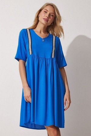 Женское синее летнее платье из вискозы с v-образным вырезом и вышивкой DD01207