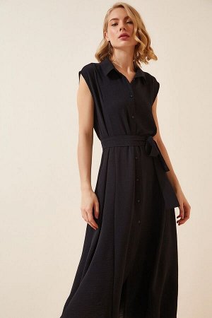 Женское летнее платье-рубашка из льна и вискозы черного цвета с поясом DD00927