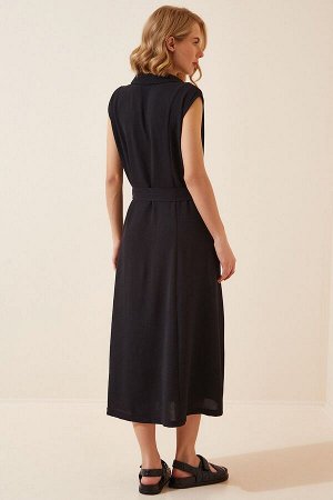 happinessistanbul Женское летнее платье-рубашка из льна и вискозы черного цвета с поясом DD00927