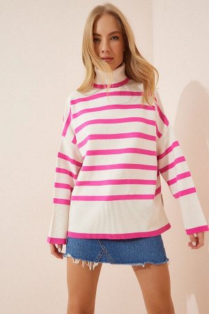 Женская розовая водолазка с косточками, вязаный свитер в полоску оверсайз BV00014