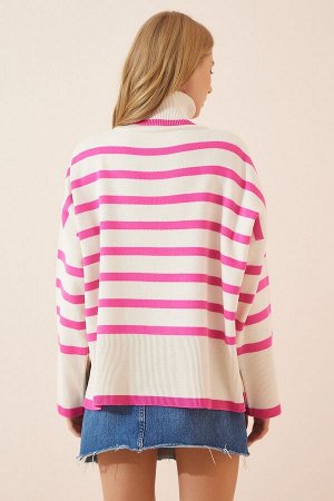 Женская розовая водолазка с косточками, вязаный свитер в полоску оверсайз BV00014