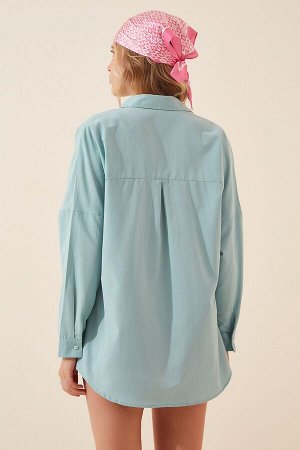 Женская длинная базовая рубашка цвета морской волны оверсайз DD00842