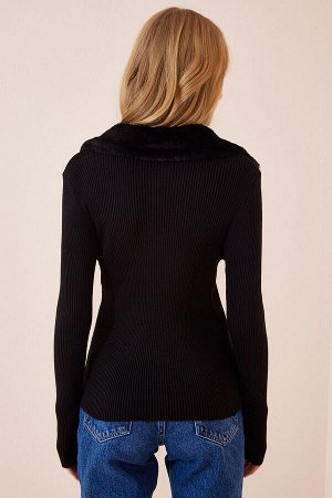 Женский черный трикотажный свитер с воротником из искусственного меха YY00099