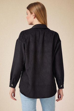 Женская черная бархатная легкая рубашка оверсайз DD00768