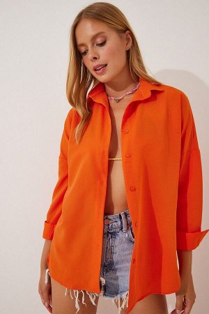 Женская яркая оранжевая длинная базовая рубашка оверсайз DD00842