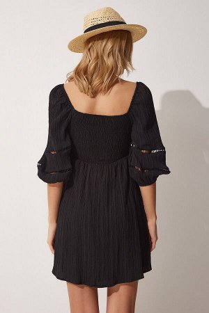 Женское летнее платье черного цвета с воротником-стойкой и пышными рукавами DM00113