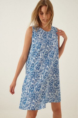 Женское мини-платье из льна и вискозы бело-синего цвета с рисунком BH00343