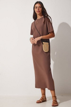 Женское коричневое хлопковое летнее повседневное платье из чесаного хлопка UB00080