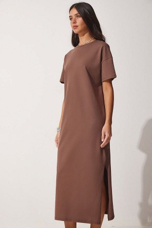 Женское коричневое хлопковое летнее повседневное платье из чесаного хлопка UB00080