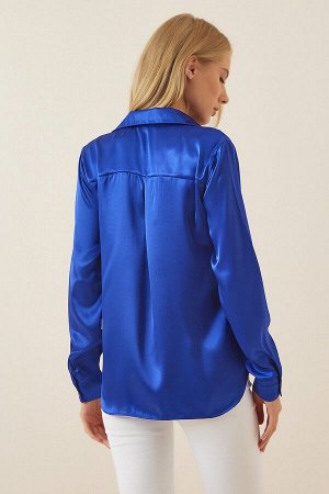Женская кобальтово-синяя рубашка из атласа с легкой драпировкой DD00990