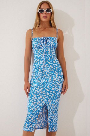 Женское синее летнее трикотажное платье с разрезом и цветочным принтом CI00029