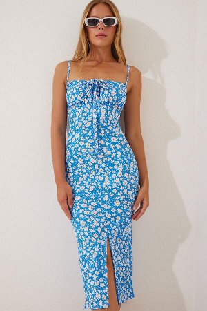 Женское синее летнее трикотажное платье с разрезом и цветочным принтом CI00029