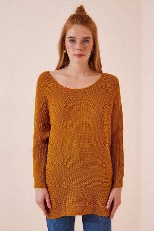 Женский длинный вязаный свитер горчичного цвета с вырезом «лодочка» ZA00067