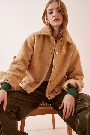 Женское пальто букле из смесовой шерсти бисквитного цвета TO00038
