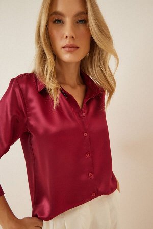 Женская бордовая рубашка из легко струящегося атласа DD00990