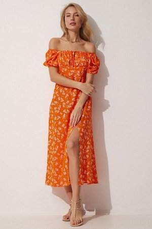 Женское оранжевое летнее вискозное платье с воротником «Кармен» и цветочным принтом DD01209