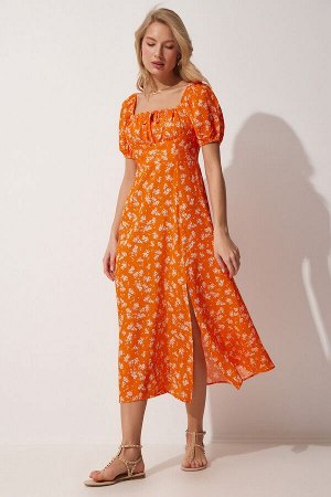 Женское оранжевое летнее вискозное платье с воротником «Кармен» и цветочным принтом DD01209