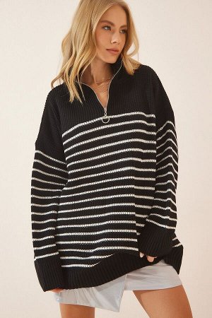Женский черный свитер большого размера в полоску с высоким воротником на молнии YY00077