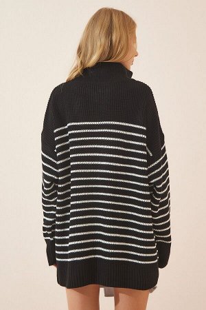 Женский черный свитер большого размера в полоску с высоким воротником на молнии YY00077