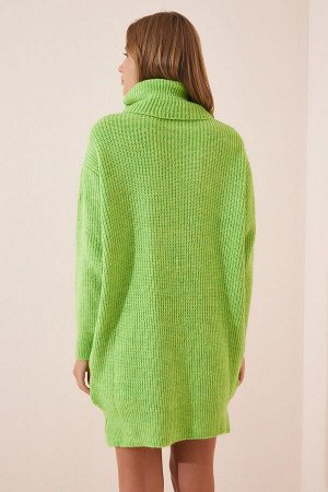Женское светло-зеленое мини-трикотажное платье с высоким воротником ER00038