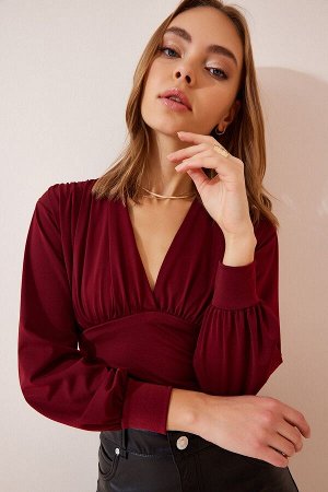 Женская бордовая укороченная блузка песочного цвета с глубоким v-образным вырезом BF00050