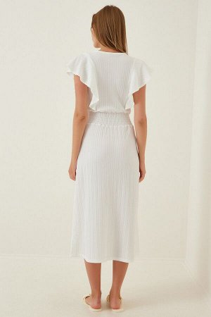 Женское белое трикотажное платье с воланами CI00025
