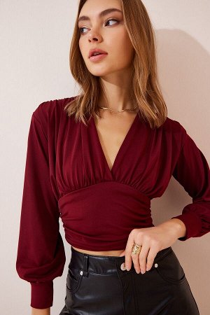 Женская бордовая укороченная блузка песочного цвета с глубоким v-образным вырезом BF00050