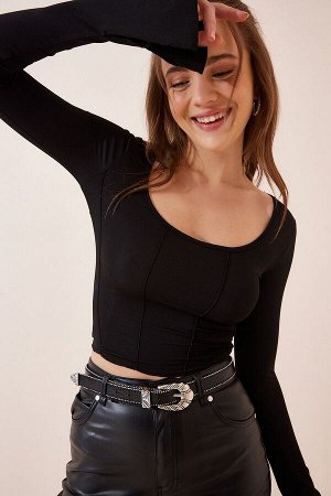 happinessistanbul Женская черная блузка песочного цвета с квадратным воротником PG00081