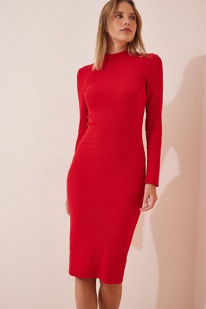 Женское красное трикотажное платье из лайкры с высоким воротником GT00208