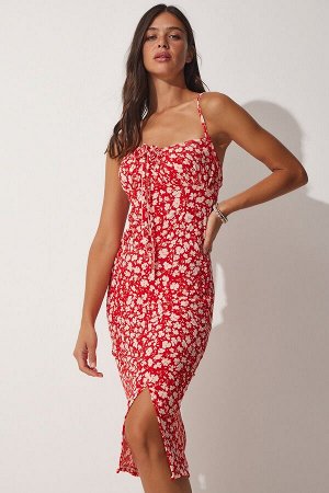 Женское красное летнее трикотажное платье с разрезом и цветочным принтом CI00029