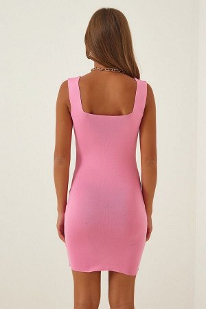 Женское розовое мини-трикотажное платье из лайкры с квадратным воротником ZA00057