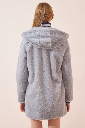Женское серое пальто из искусственного меха с капюшоном RV00082