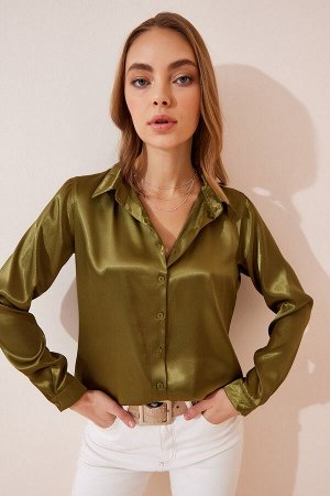Женская зеленая атласная рубашка с легкой драпировкой DD00990