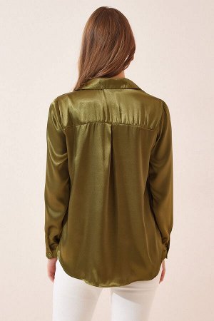 Женская зеленая атласная рубашка с легкой драпировкой DD00990