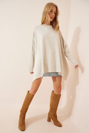 Женский кремовый свитер-пончо оверсайз с боковыми разрезами YY00005