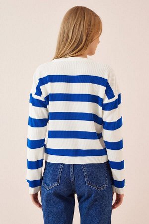 Женский трикотажный свитер цвета экрю в синюю полоску WD00027
