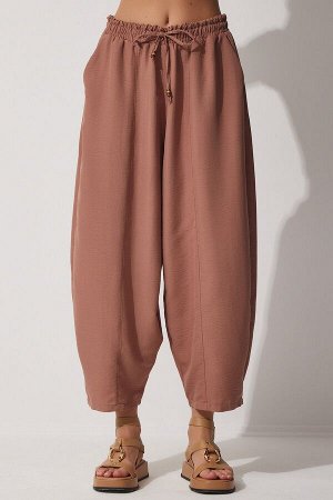 Женские льняные брюки шалвар цвета какао с карманами из вискозы CV00001