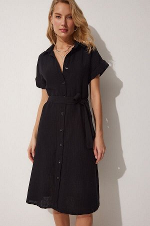 Женское черное льняное платье-рубашка с поясом MX00046