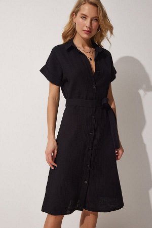 happinessistanbul Женское черное льняное платье-рубашка с поясом MX00046
