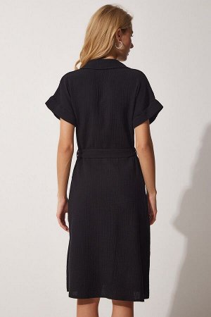 Женское черное льняное платье-рубашка с поясом MX00046
