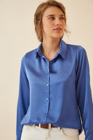 Женская ярко-синяя рубашка из атласа с легкой драпировкой DD00990