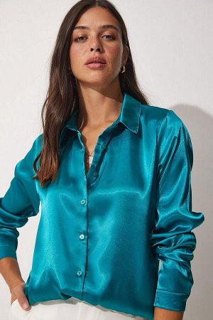 Женская рубашка из струящегося атласа синего цвета DD00990