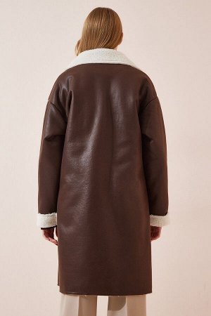 Женское коричневое пальто из искусственной кожи с подкладкой из искусственного меха DD01147