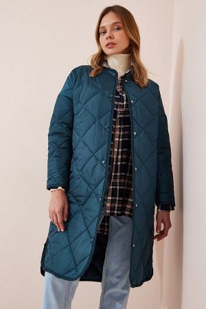Женское стеганое пальто большего размера петро-зеленого цвета FN02988
